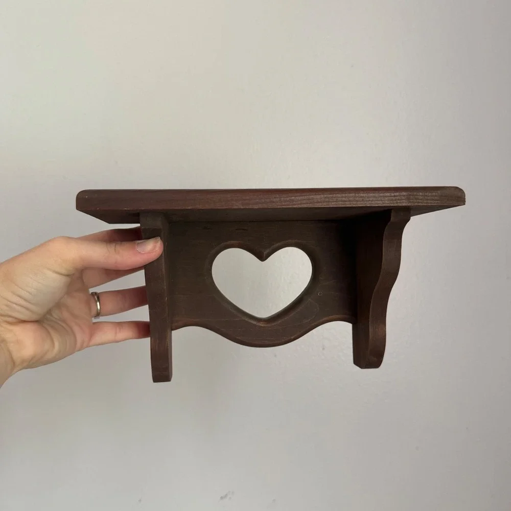Vintage Rustic Wood Heart Cutout Wall Shelf Dark Brown Floating Display Small